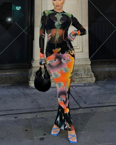 Print Long Sleeves Graphic Patchwork Sexy Slim Maxi Prom Dress eprolo BAD PEOPLE