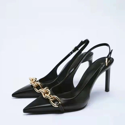 Black chain embellished high heeled pointed thin heeled sandals for women eprolo BAD PEOPLE