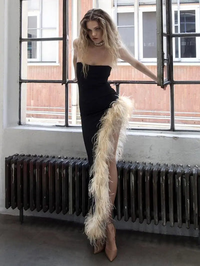 Abito Cecile lungo spacco alto fur donna Black MUST HAVE