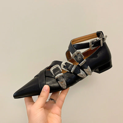 Punk Multi Metal Buckle Flat Shoes Women Real Genuine Leather Cross-band Pointed Toe Flats Ladies Casual Shoes Comfort eprolo BAD PEOPLE