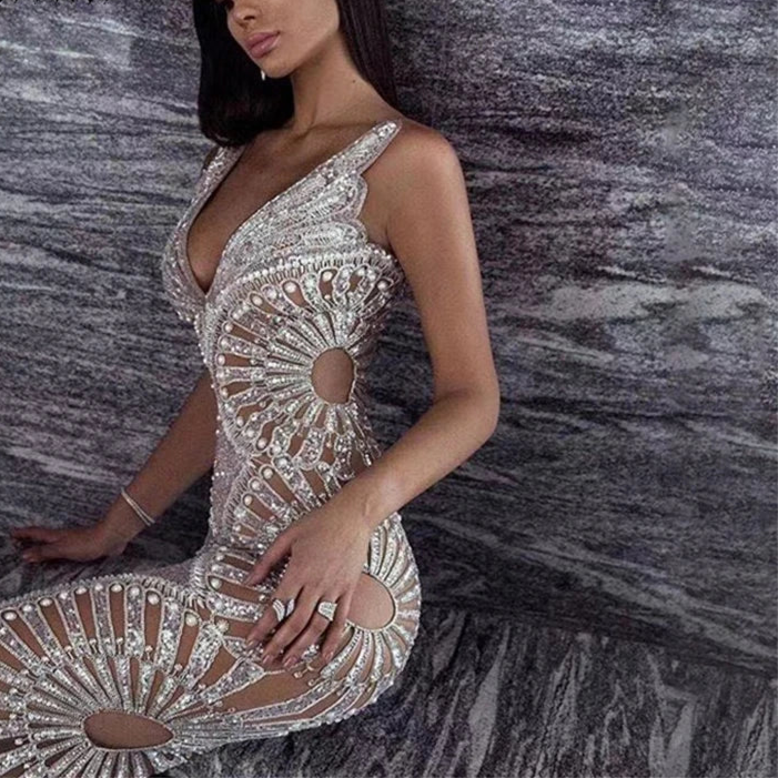 Slip Dress with Silver Sequins, Ruffles