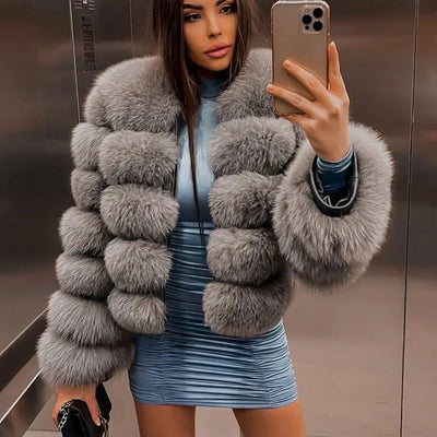 Real Fox Fur Luxury Jacket Outwear Female grey MUST HAVE