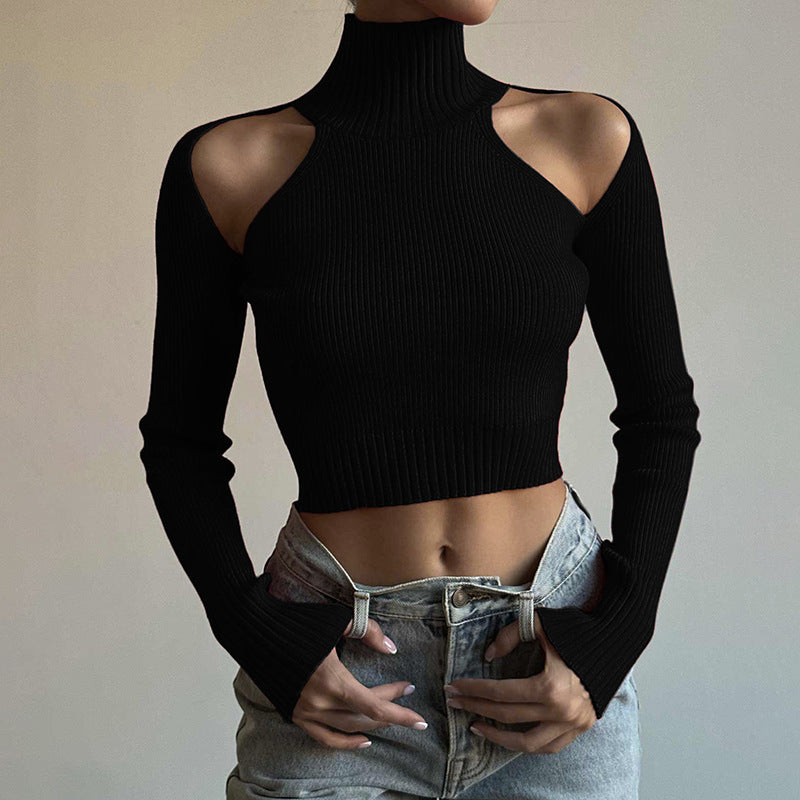 Street Style Personality High Neck Shoulder Cut Out Long Sleeve T-shirt Lady