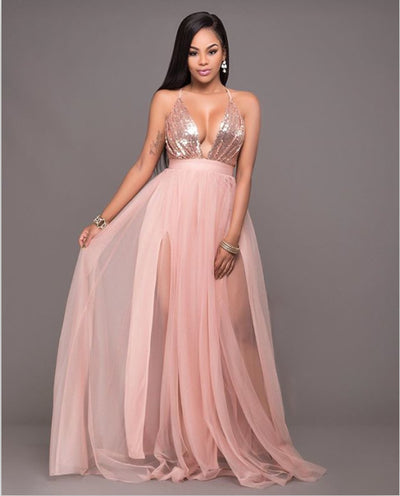 Mesh Stitching Sequin Suspender Halter Dress MUST HAVE