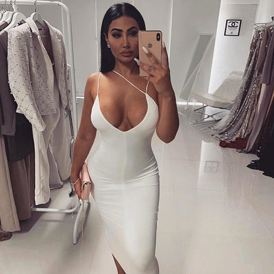Pure Color Sling Deep V Sexy Slim Backless Dress White MUST HAVE