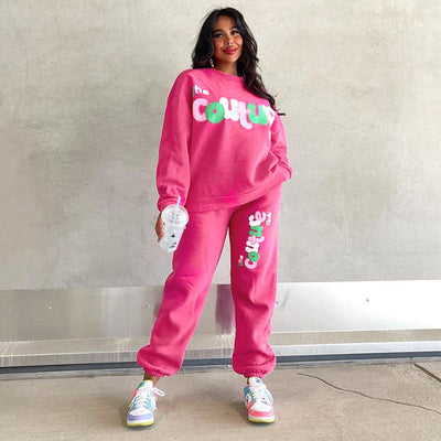 English Printing Sweatshirt And Sweatpants Suit Loose Two-piece Suit Pink MUST HAVE