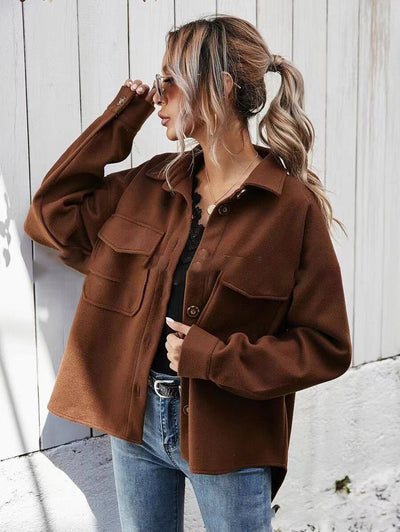 Lapel Single-breasted Thick Solid Color Shirt Woolen Cloth Brown MUST HAVE