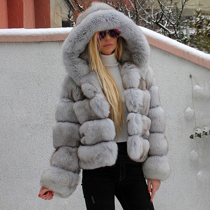 Women's full zip hooded faux fur coat