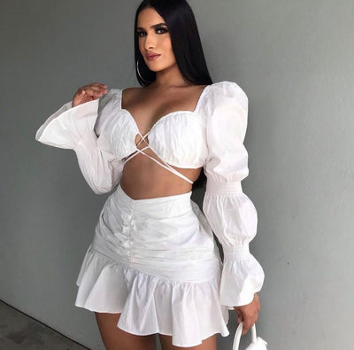 Two 2 Piece Set Crop Tops and Ruffles Mini Skirts white MUST HAVE