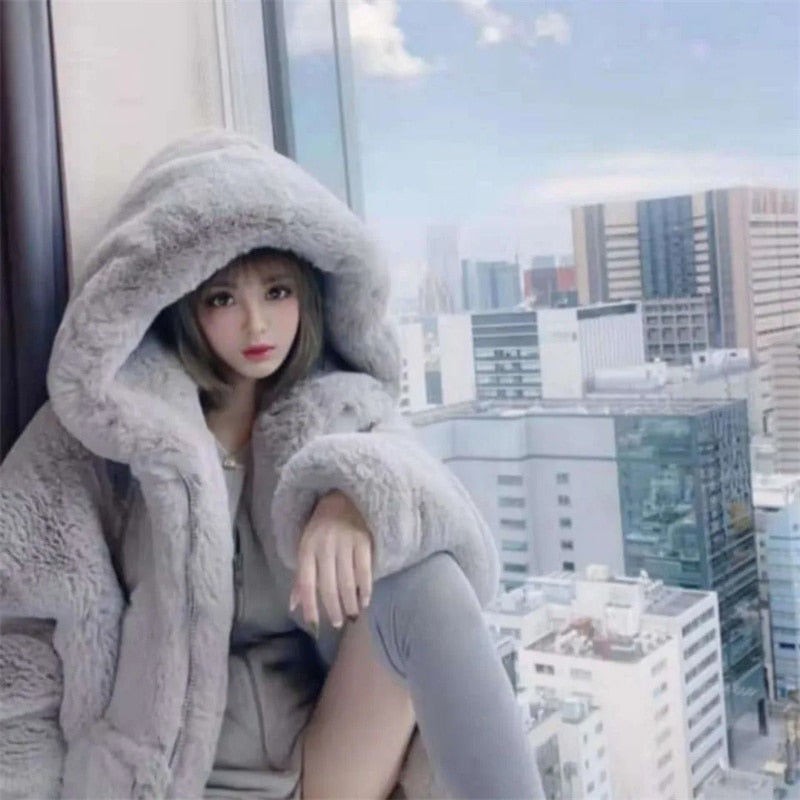 High Quality Furry Plush Rabbit Fur Coat Hooded
