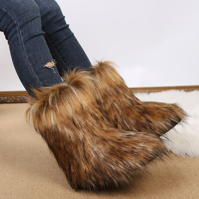 Winter Snow Boots Luxury Furry Faux Fox Fur Chestnut MUST HAVE