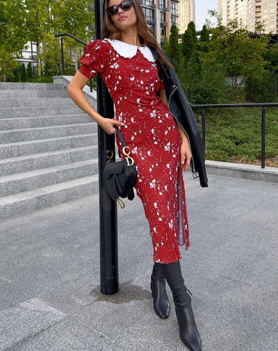 Abito lungo colletto fiorellini romantic donna Red MUST HAVE