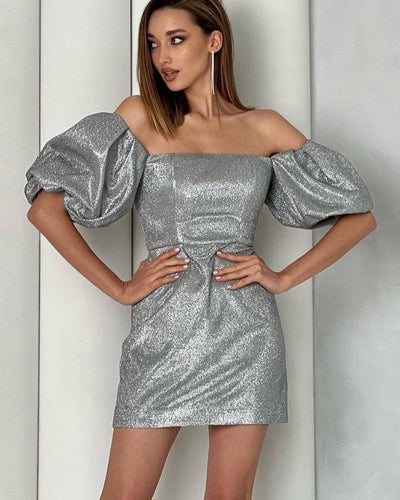 Abito baloon glitter scollato Silver MUST HAVE