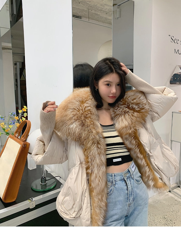 Goose down jacket with real fox fur