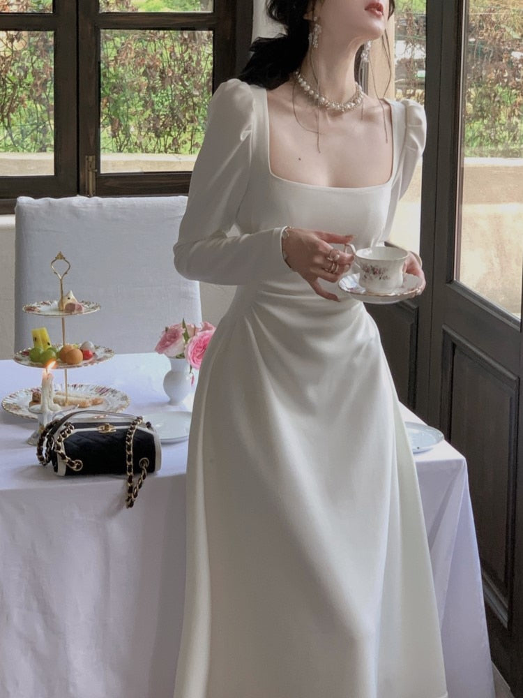 Elegant Square Collar Midi Party Dress