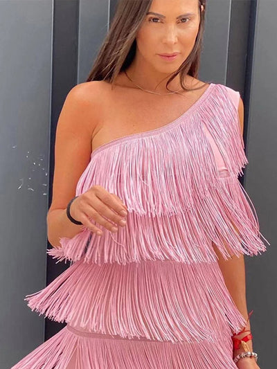 Fringed Sequin Dress Off Shoulder Backless Pink 02 MUST HAVE