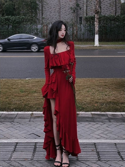 Elegant Long Slevee Dress Red Square Collar Ruffle MUST HAVE