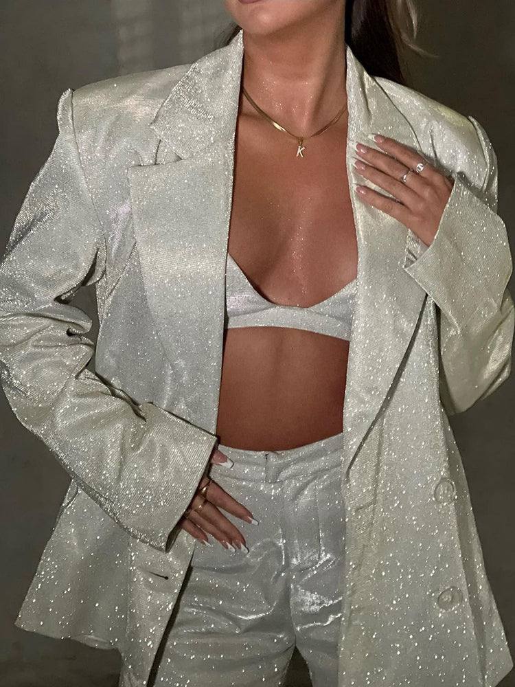 Completo Glitter 2 Pezzi Donna – Blazer E Pantalone Vita Alta, Elegante E Brillante Per Ufficio O Serate