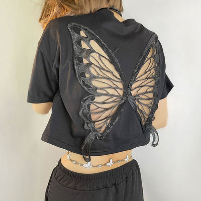 Black Lace Butterfly Belly Button Cropped T-shirt Black MUST HAVE
